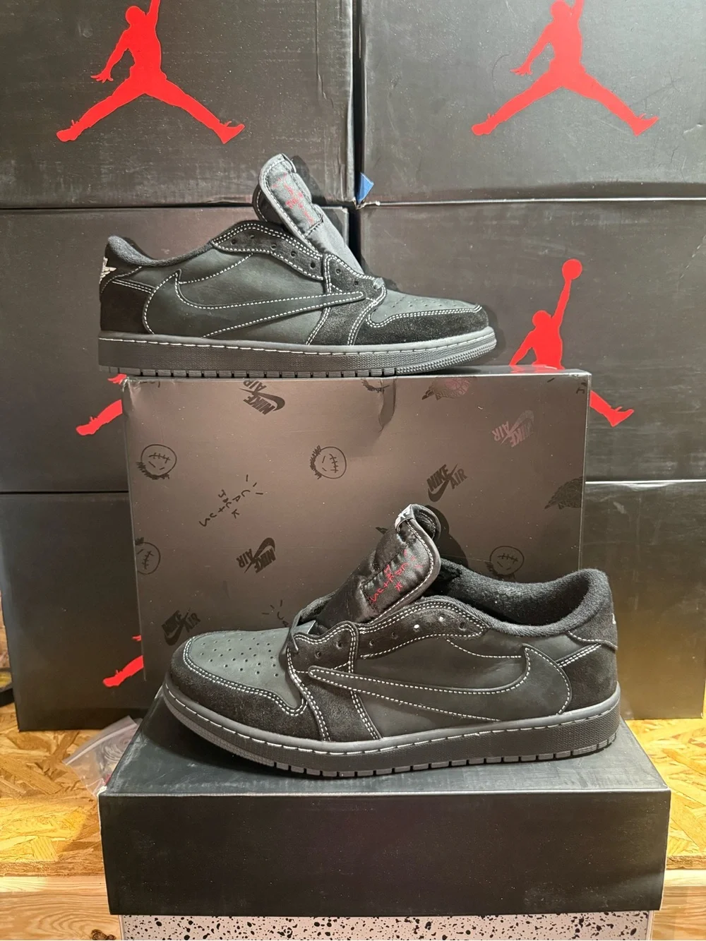 Air Jordan Retro Low Travis Scott Black Phantom Suede Sneakers with Red Accents